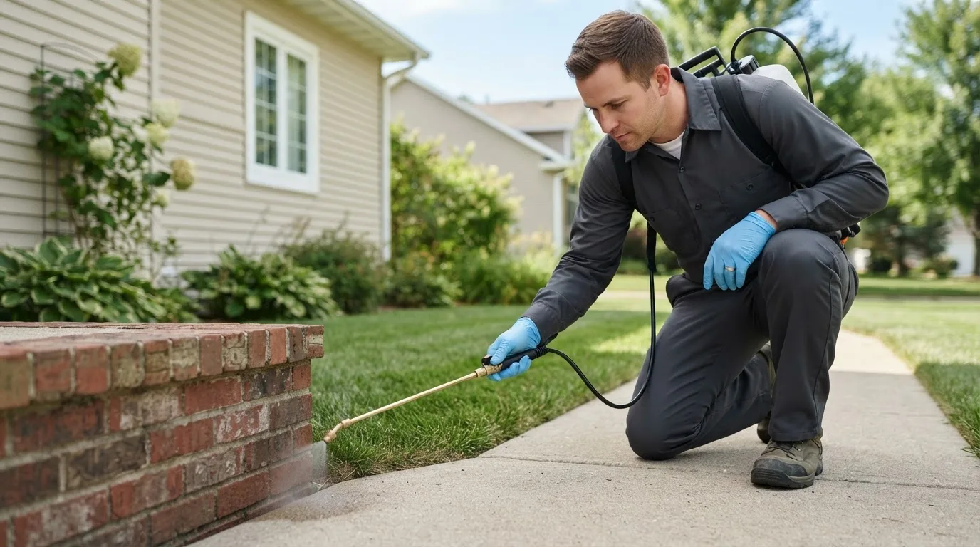 Pest control technician treating a home near Coventry, VT